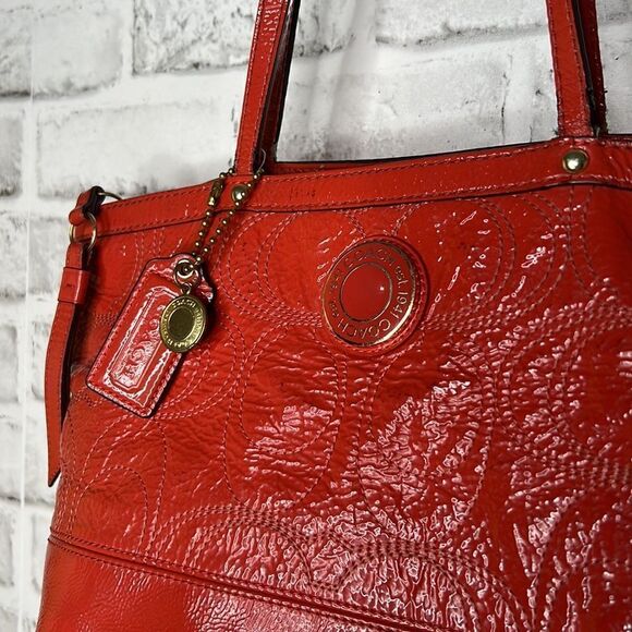 Coach Embossed Patent Leather Tote Bag Purse Orange Red Shoulder Bag - Picture 4 of 8